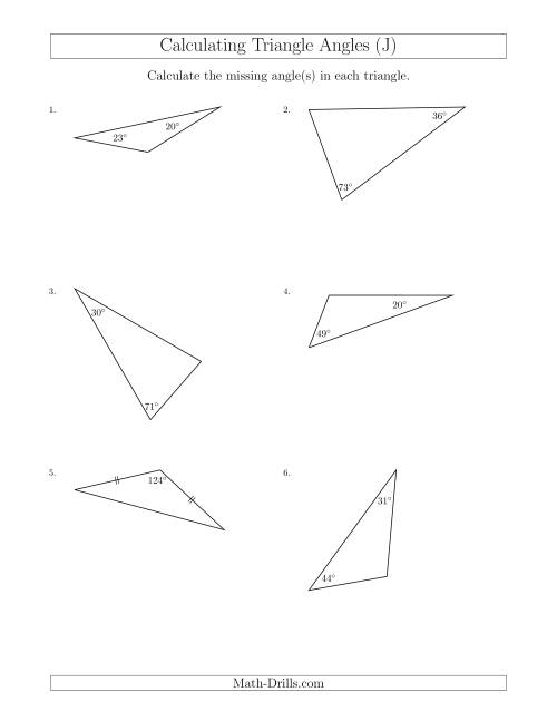 The Calculating Angles of a Triangle Given the Other Angle(s) (J) Math Worksheet