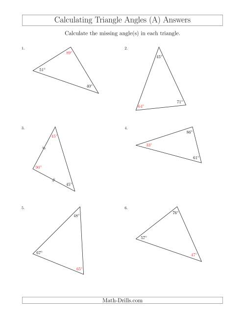 The Calculating Angles of a Triangle Given the Other Angle(s) (All) Math Worksheet Page 2