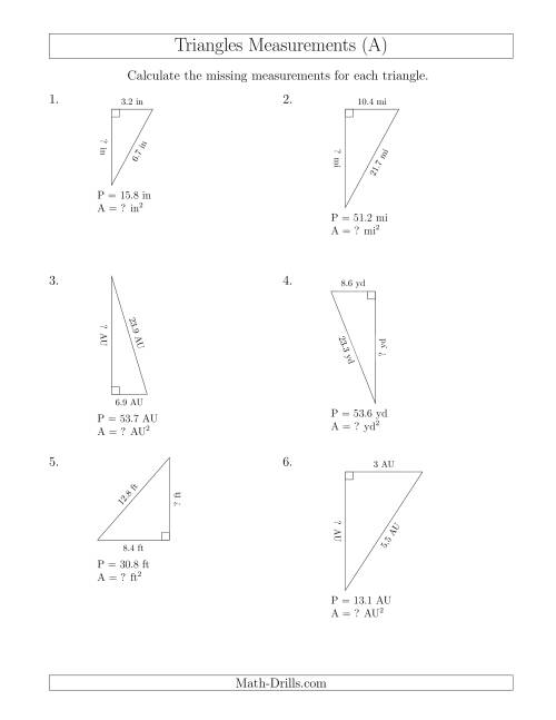 The Calculating the Area and Height of Right Triangles (A) Math Worksheet