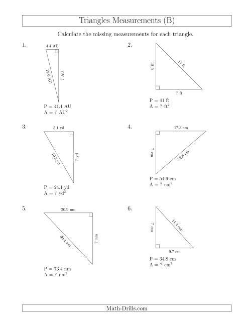 The Calculating the Area and Height of Right Triangles (B) Math Worksheet
