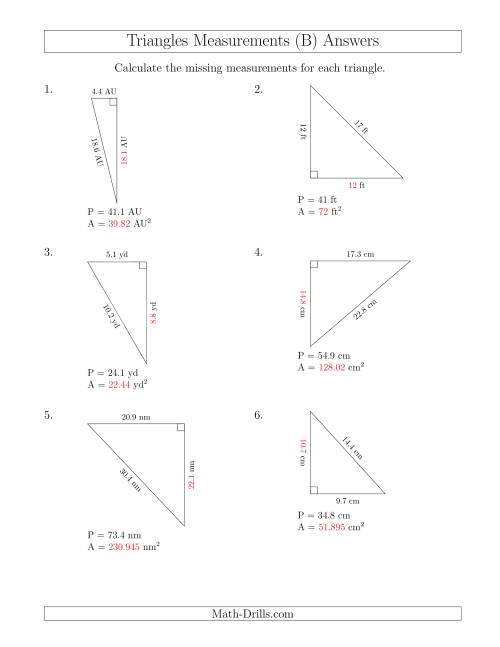 The Calculating the Area and Height of Right Triangles (B) Math Worksheet Page 2