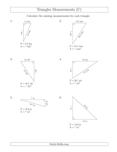 The Calculating the Area and Height of Right Triangles (C) Math Worksheet