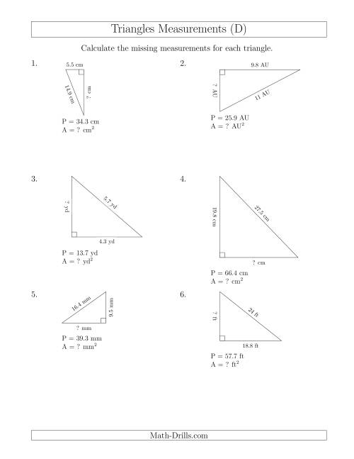 The Calculating the Area and Height of Right Triangles (D) Math Worksheet