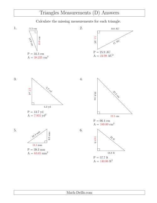 The Calculating the Area and Height of Right Triangles (D) Math Worksheet Page 2