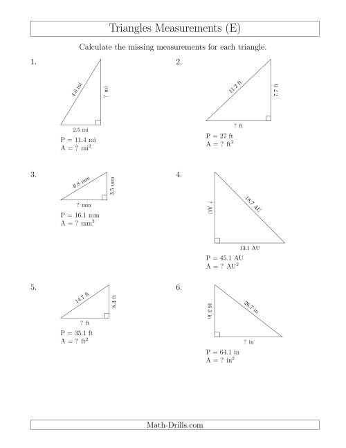 The Calculating the Area and Height of Right Triangles (E) Math Worksheet