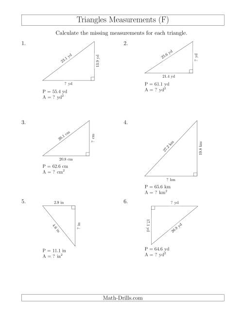 The Calculating the Area and Height of Right Triangles (F) Math Worksheet