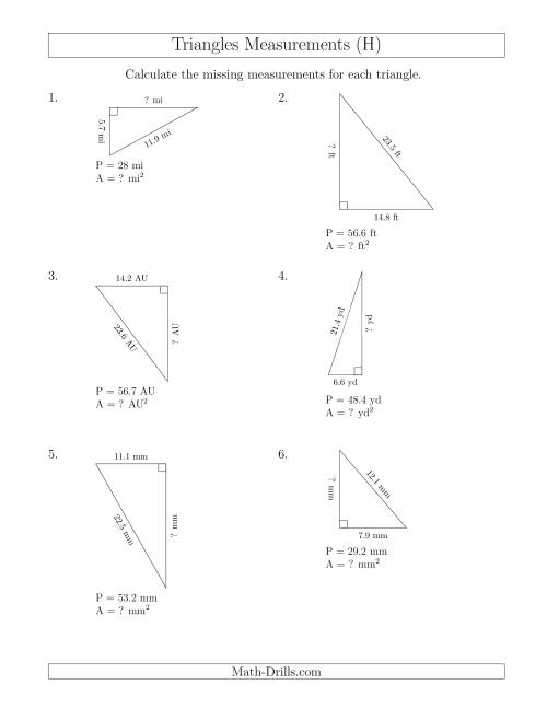 The Calculating the Area and Height of Right Triangles (H) Math Worksheet