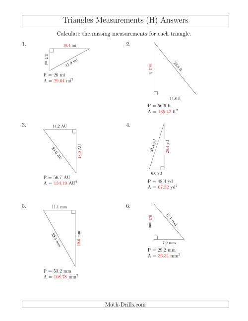 The Calculating the Area and Height of Right Triangles (H) Math Worksheet Page 2