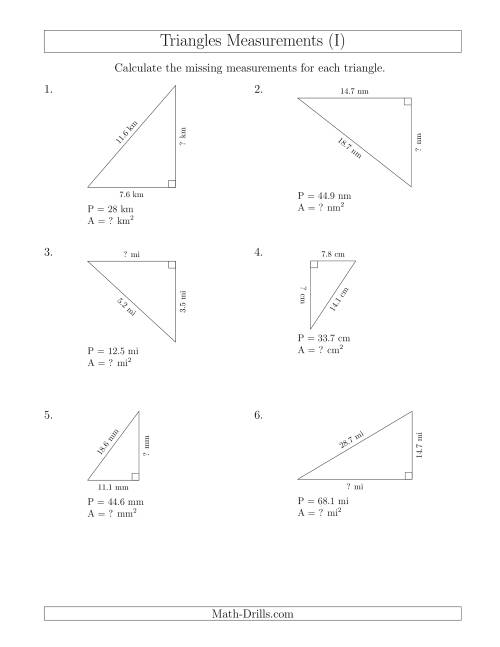 The Calculating the Area and Height of Right Triangles (I) Math Worksheet