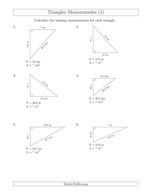 The Calculating the Area and Height of Right Triangles (J) Math Worksheet