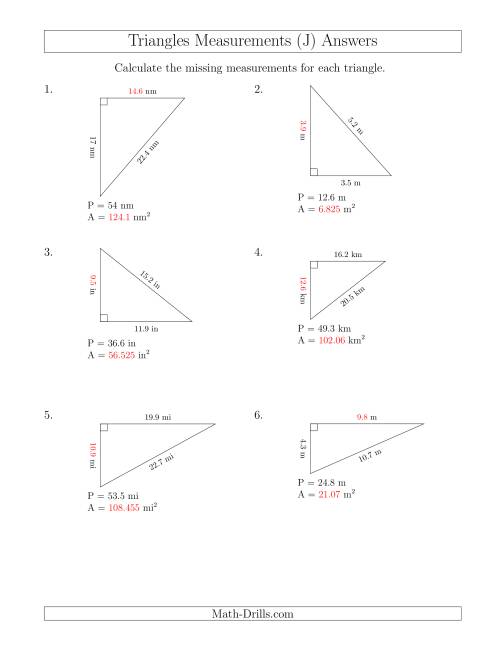 The Calculating the Area and Height of Right Triangles (J) Math Worksheet Page 2