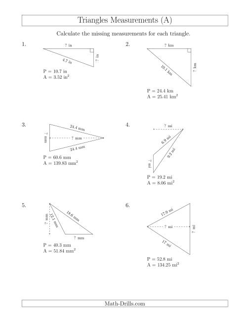 The Calculating the Base and Height of Triangles (A) Math Worksheet