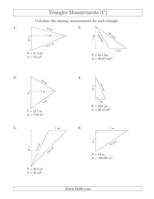 The Calculating the Base and Height of Triangles (C) Math Worksheet