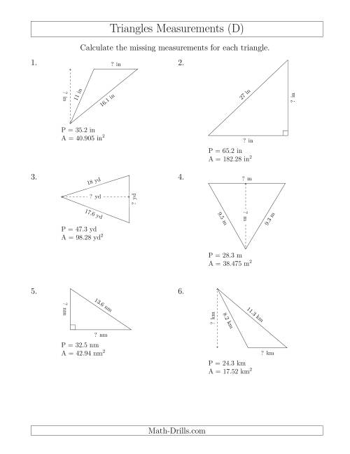 The Calculating the Base and Height of Triangles (D) Math Worksheet