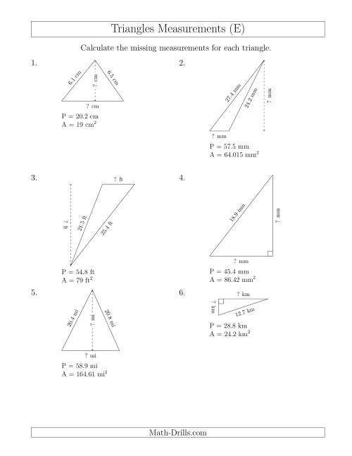 The Calculating the Base and Height of Triangles (E) Math Worksheet