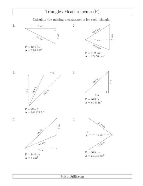 The Calculating the Base and Height of Triangles (F) Math Worksheet