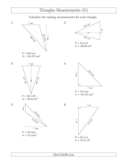 The Calculating the Base and Height of Triangles (G) Math Worksheet