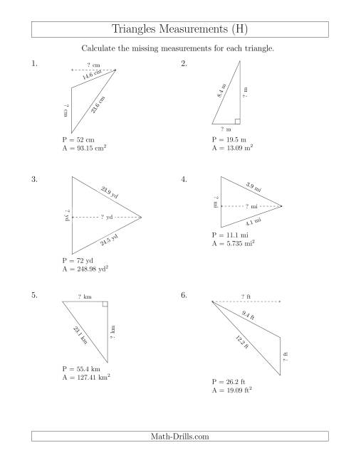 The Calculating the Base and Height of Triangles (H) Math Worksheet