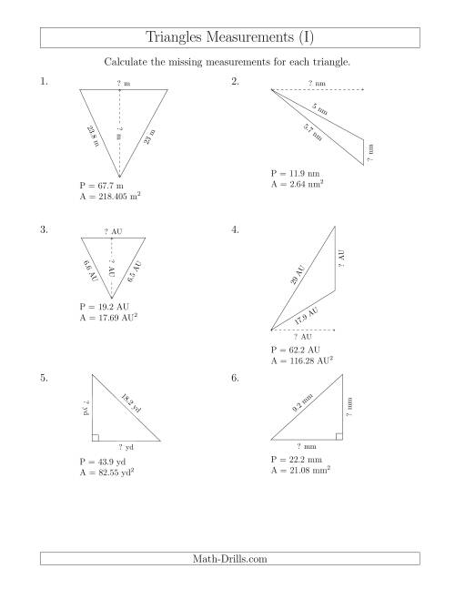 The Calculating the Base and Height of Triangles (I) Math Worksheet