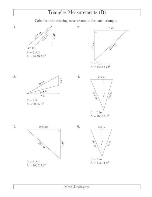 The Calculating the Perimeter and Height of Triangles (B) Math Worksheet