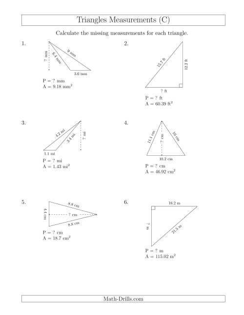 The Calculating the Perimeter and Height of Triangles (C) Math Worksheet