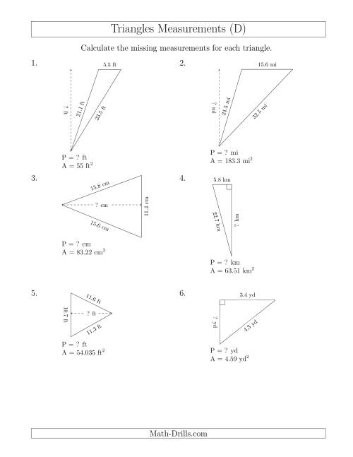 The Calculating the Perimeter and Height of Triangles (D) Math Worksheet