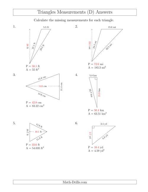 The Calculating the Perimeter and Height of Triangles (D) Math Worksheet Page 2
