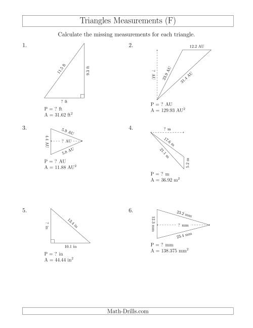 The Calculating the Perimeter and Height of Triangles (F) Math Worksheet