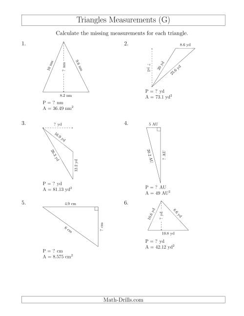 The Calculating the Perimeter and Height of Triangles (G) Math Worksheet