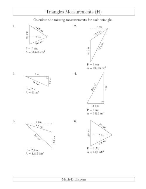 The Calculating the Perimeter and Height of Triangles (H) Math Worksheet