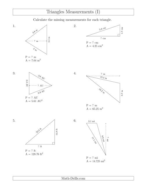 The Calculating the Perimeter and Height of Triangles (I) Math Worksheet