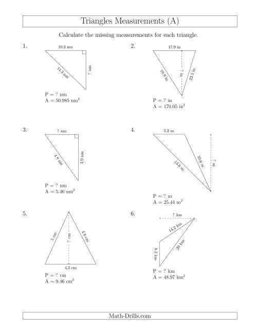 The Calculating the Perimeter and Height of Triangles (All) Math Worksheet