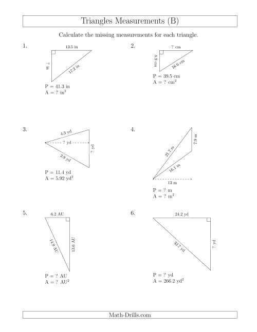 The Calculating Various Measurements of Triangles (B) Math Worksheet