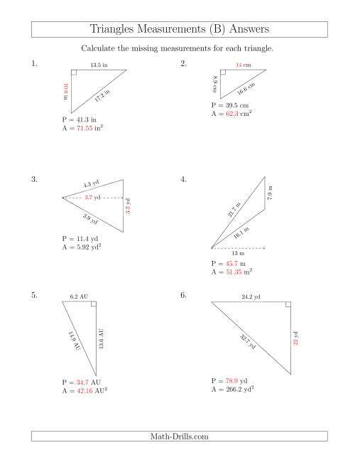 The Calculating Various Measurements of Triangles (B) Math Worksheet Page 2