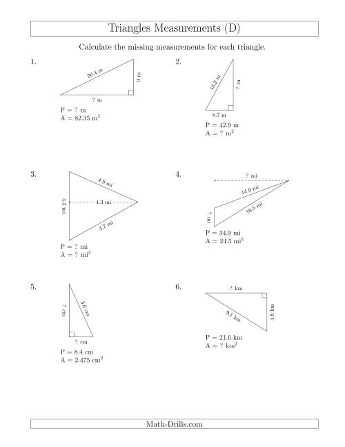 The Calculating Various Measurements of Triangles (D) Math Worksheet