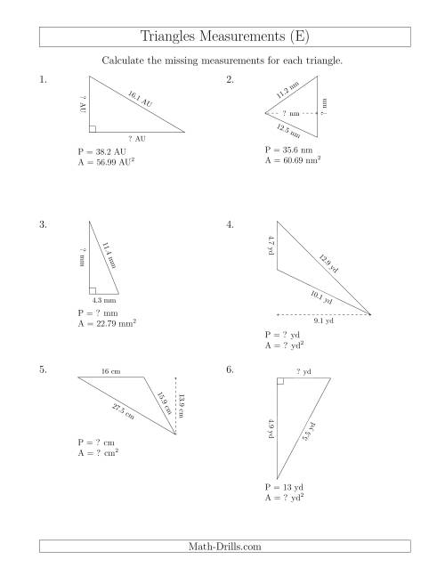 The Calculating Various Measurements of Triangles (E) Math Worksheet