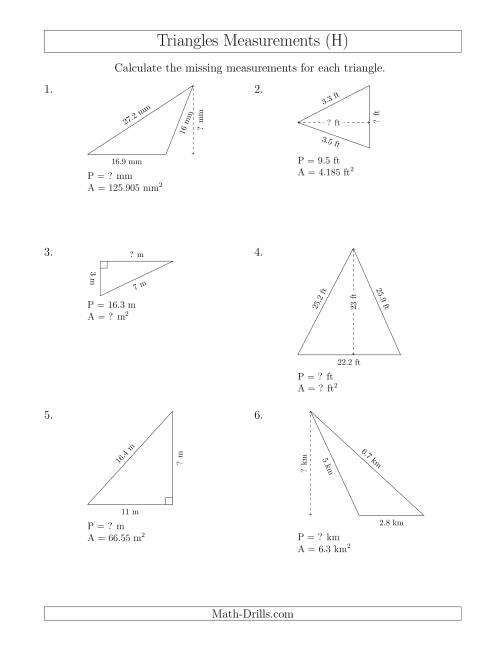 The Calculating Various Measurements of Triangles (H) Math Worksheet