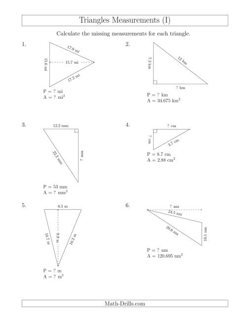 The Calculating Various Measurements of Triangles (I) Math Worksheet