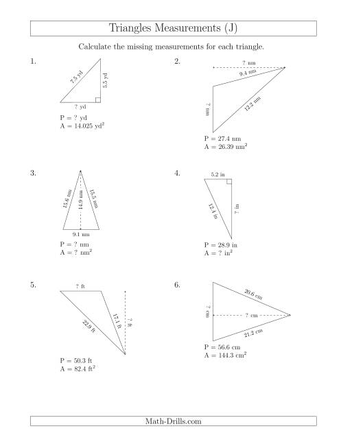 The Calculating Various Measurements of Triangles (J) Math Worksheet