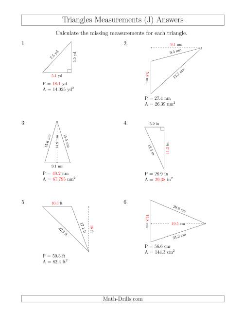 The Calculating Various Measurements of Triangles (J) Math Worksheet Page 2