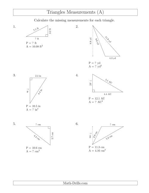The Calculating Various Measurements of Triangles (All) Math Worksheet