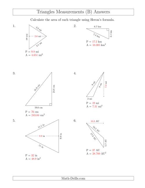 The Calculating the Perimeter and Area of Triangles Using Heron's Formula for the Area. (B) Math Worksheet Page 2