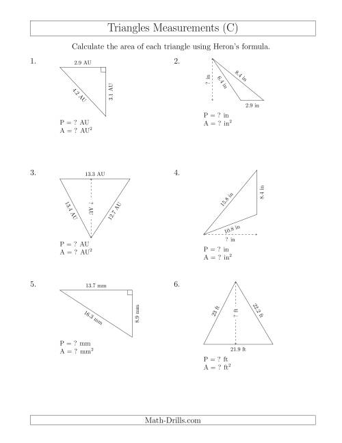 The Calculating the Perimeter and Area of Triangles Using Heron's Formula for the Area. (C) Math Worksheet