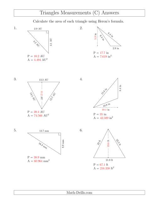 The Calculating the Perimeter and Area of Triangles Using Heron's Formula for the Area. (C) Math Worksheet Page 2