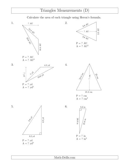 The Calculating the Perimeter and Area of Triangles Using Heron's Formula for the Area. (D) Math Worksheet