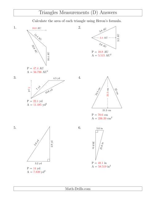 The Calculating the Perimeter and Area of Triangles Using Heron's Formula for the Area. (D) Math Worksheet Page 2