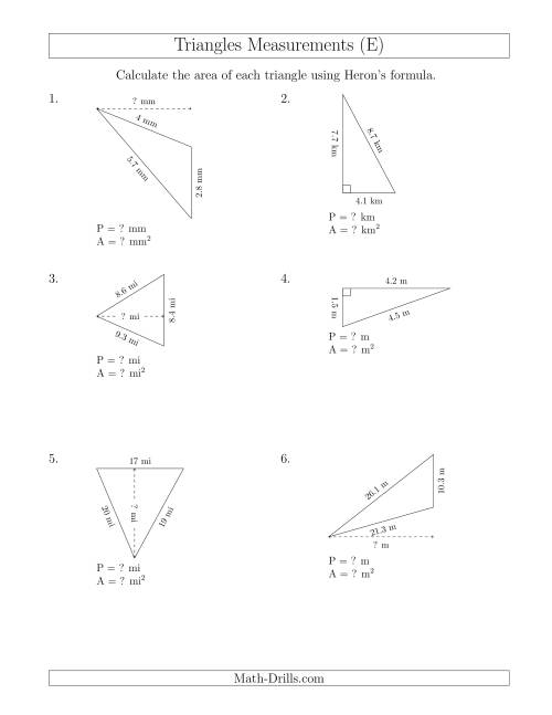 The Calculating the Perimeter and Area of Triangles Using Heron's Formula for the Area. (E) Math Worksheet