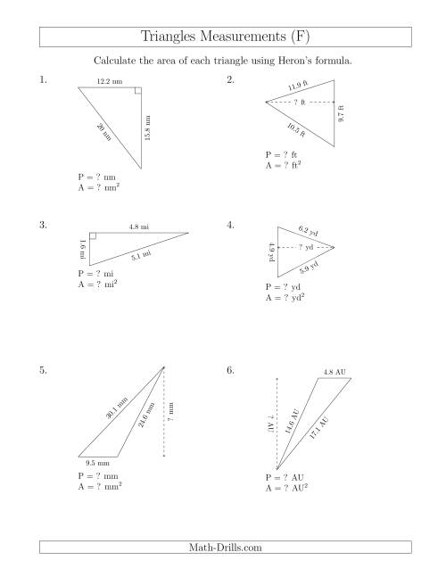 The Calculating the Perimeter and Area of Triangles Using Heron's Formula for the Area. (F) Math Worksheet