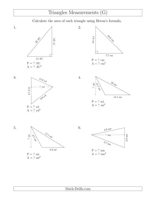 The Calculating the Perimeter and Area of Triangles Using Heron's Formula for the Area. (G) Math Worksheet