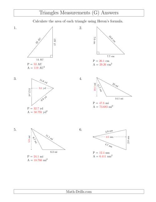 The Calculating the Perimeter and Area of Triangles Using Heron's Formula for the Area. (G) Math Worksheet Page 2